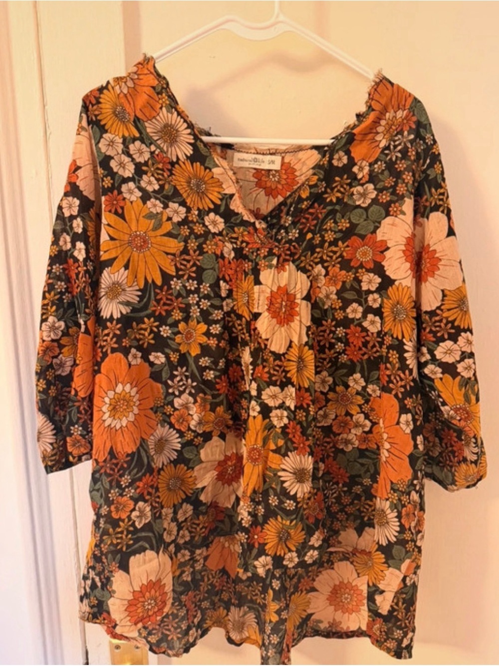 Boho Floral Peasant Top in Orange and Green